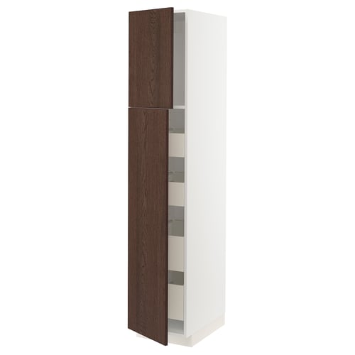 A tall white storage cabinet with dark brown wood doors, featuring adjustable shelves inside.