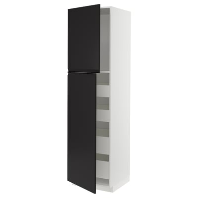 Modern, tall, white cabinet with black doors, sleek design, minimalist handles.