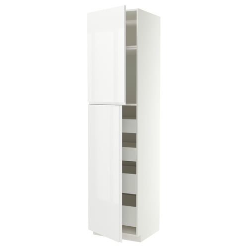METOD / MAXIMERA Hi cab w 2 doors/4 drawers, white/VOXTORP high-gloss white vertical handle, 60x60x240 cm