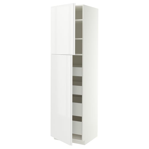 METOD / MAXIMERA Hi cab w 2 doors/4 drawers, white/VOXTORP high-gloss white vertical handle, 60x60x220 cm