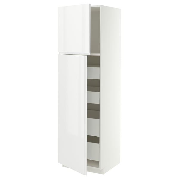 METOD / MAXIMERA Hi cab w 2 doors/4 drawers, white/VOXTORP high-gloss white vertical handle, 60x60x200 cm