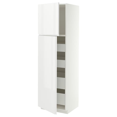 METOD / MAXIMERA Hi cab w 2 doors/4 drawers, white/VOXTORP high-gloss white vertical handle, 60x60x200 cm