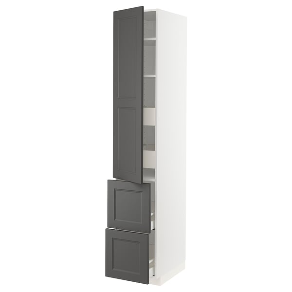 White and gray tall cabinet with shelves and drawers.