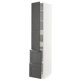 White and gray tall cabinet with shelves and drawers.