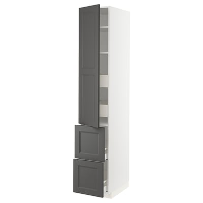 White and gray tall cabinet with shelves and drawers.