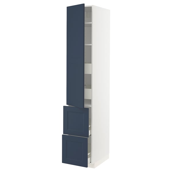 Slim cabinet in blue & white with adjustable shelves and 2 drawers. Modern or traditional design.