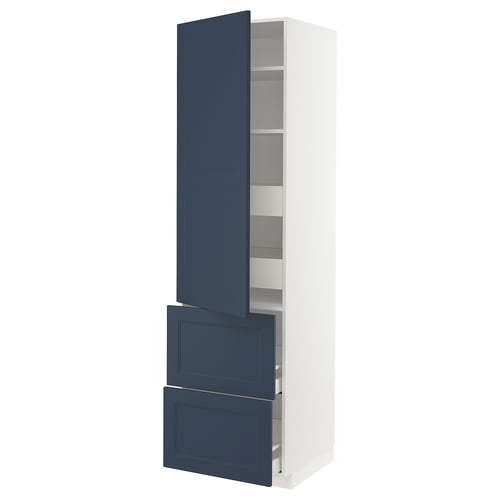 Blue and white tall kitchen cabinet with shelves and drawers.