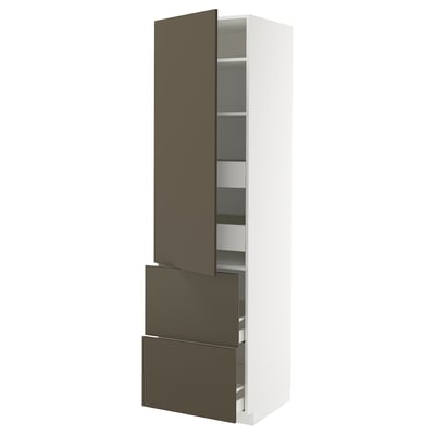 Modern kitchen cabinet, white & brown, tall with shelves & drawers.