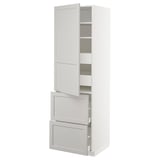 White kitchen cabinet with shelves and drawers, traditional design.