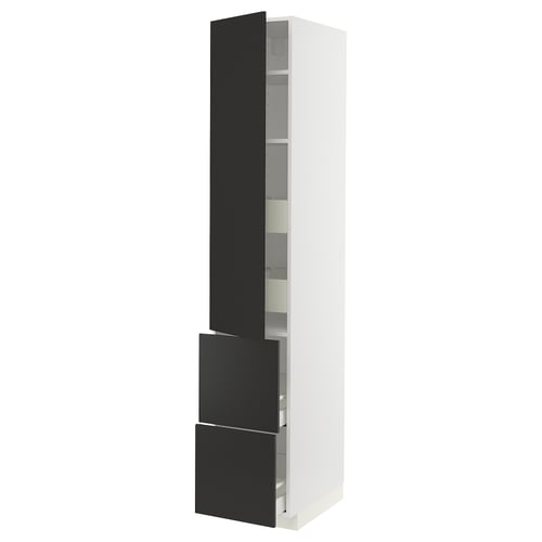 Modern tall white storage unit with black drawers and door. Four shelves and a pull-out drawer with sleek design and durable materials.