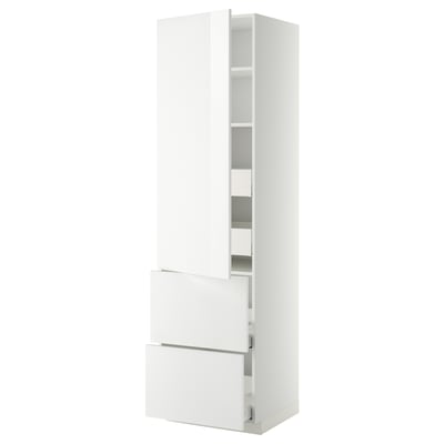 White METOD cabinet with gloss drawers, two drawers, open shelf, sleek design.