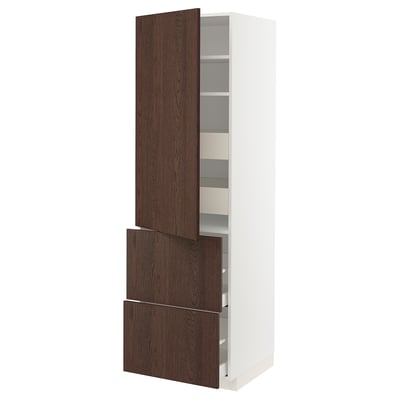 Modern white kitchen cabinet with dark brown doors & drawers, ample storage.