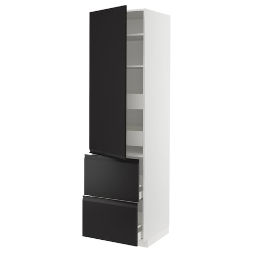 Modern white and black cabinet with glass door and drawers. Tall, sleek design, ideal for kitchens.