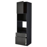 Modern black kitchen unit, tall with shelves and drawers, sleek design.