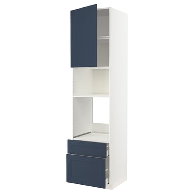 METOD kitchen unit with blue axstad doors, white frame, and adjustable shelf.