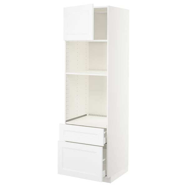 White METOD kitchen unit with shelves and drawers, minimalist design.