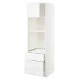 White METOD kitchen unit with shelves and drawers, minimalist design.