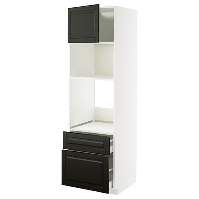 Modern kitchen unit: METOD with bodbyn black doors. Tall, slim, white frame with black drawers and cabinet, beveled edges.