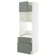 Modern white kitchen cabinet with green drawers and adjustable shelves.