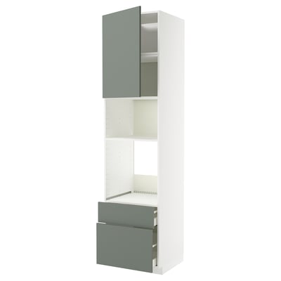 Depicts a white METOD kitchen cabinet with gray-green doors and drawers. It includes open shelving and drawers, and has a sleek, modern design.