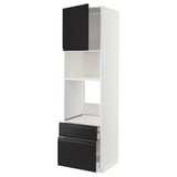 Modern white and black kitchen unit, consisting of high cabinet with open shelf, two drawers, and door in matte black with metallic handles.