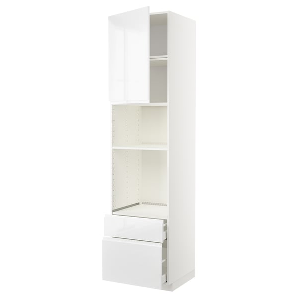 A white METOD kitchen unit with high-gloss drawers and shelves. It sleek, modern design with integrated handles.