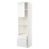 A white METOD kitchen unit with high-gloss drawers and shelves. It sleek, modern design with integrated handles.