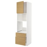 White kitchen cabinet with oak drawer and door, minimalist design.