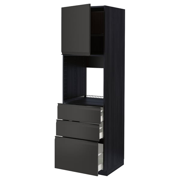 This image shows a black ikea METOD kitchen cabinet with three drawers and a tall storage cupboard.