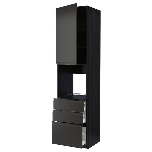 Black kitchen cabinet with glossy finish, 3 drawners, one shelf. Modern, sleek design.