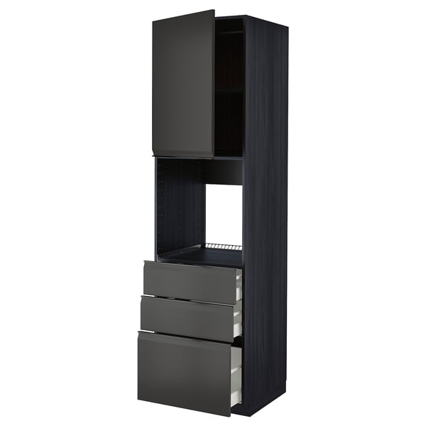 Black kitchen cabinet with open door and drawers, sleek modern design.
