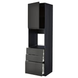 Black kitchen cabinet with open door and drawers, sleek modern design.