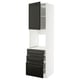 Modern white kitchen cabinet with black drawers and door, sleek design.