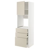 Off-white METOD cabinet with three drawers, open door showcasing organized compartments. Sleek, modern beige finish.