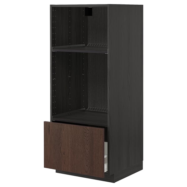 Modern open kitchen cabinet with dark brown wood drawers and shelves.