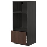 Modern open kitchen cabinet with dark brown wood drawers and shelves.