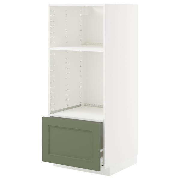 White kitchen unit with green drawer, modern design, adjustable shelf.