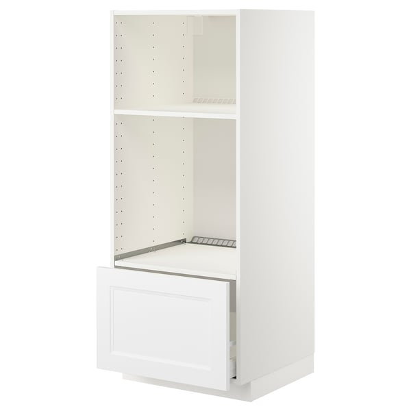 A white METOD kitchen cabinet with a drawer and adjustable shelf.