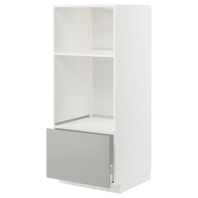 White METOD kitchen unit, light grey drawer, modern design, open shelving, clean lines.
