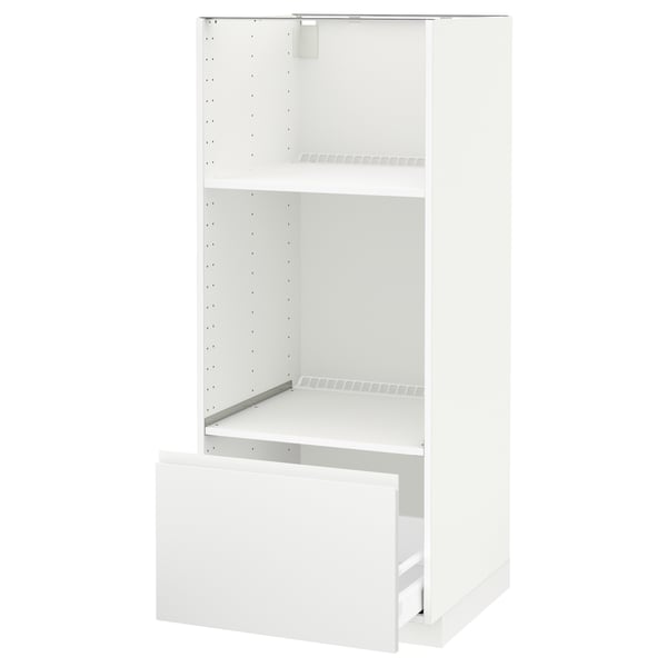 A white METOD kitchen cabinet with one open drawer, modern and minimalist design.