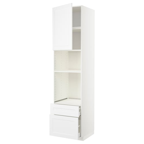 White METOD kitchen unit with cabinets, shelves, and drawers.