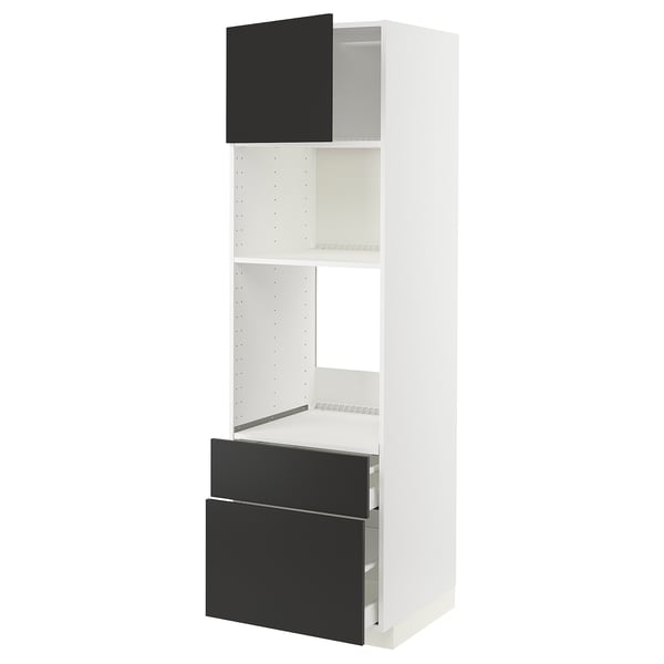 METOD kitchen unit, white w/ black drawers, sleek modern design, open shelving, sturdy particleboard frame.