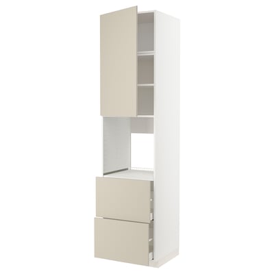 METOD kitchen unit in beige with drawers and shelves. Modern, tall, white cabinet with smooth finish.
