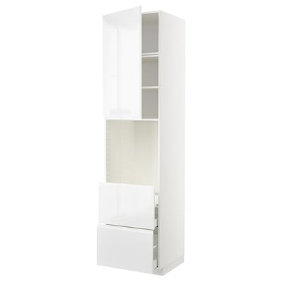 Modern white METOD kitchen unit with glossy fronts and integrated handles, featuring shelves and drawers.