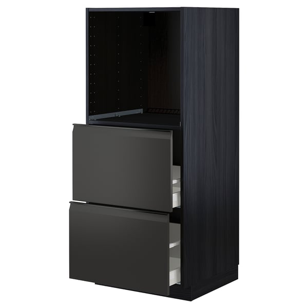 Black METOD kitchen unit with two open drawers, sleek modern design.