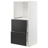 Modern kitchen unit, white with black drawers, adjustable shelves, sleek design.