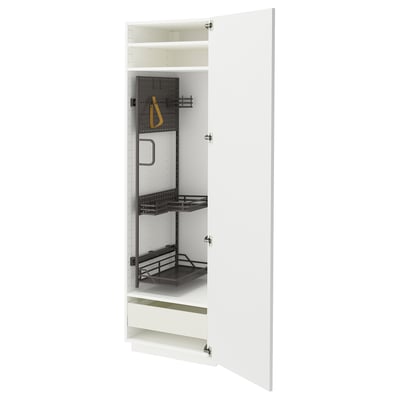 White, tall kitchen cabinet from METOD system with pull-out shelves and drawers.