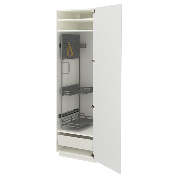 METOD / MAXIMERA High cabinet with cleaning interior, white/VOXTORP high-gloss white vertical handle, 60x60x200 cm