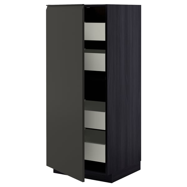 Modern kitchen unit, dark gray, rectangular, with multiple metal drawers.