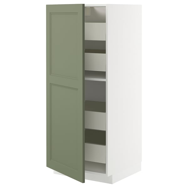 Ikea METOD kitchen unit, sage green, white interior, adjustable shelves, soft-close drawers.